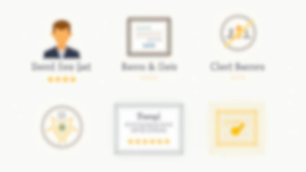 Verschiedene Vertrauenssignale nebeneinander: Sternbewertungen, Kundenstimmen-Zitat, Zertifikats-Badge, Kundenzahl-Statistik, alles auf hellem Hintergrund