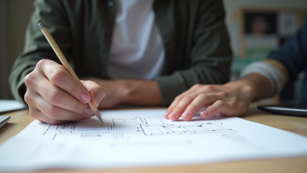 Designer beim Skizzieren eines Website-Wireframes auf einem großen Blatt Papier mit Lineal und Notizen