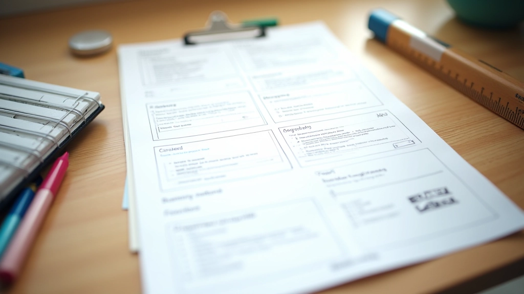 Schreibtisch mit Notizbuch und Skizzen einer Website-Struktur, mehrfarbige Marker und ein Lineal