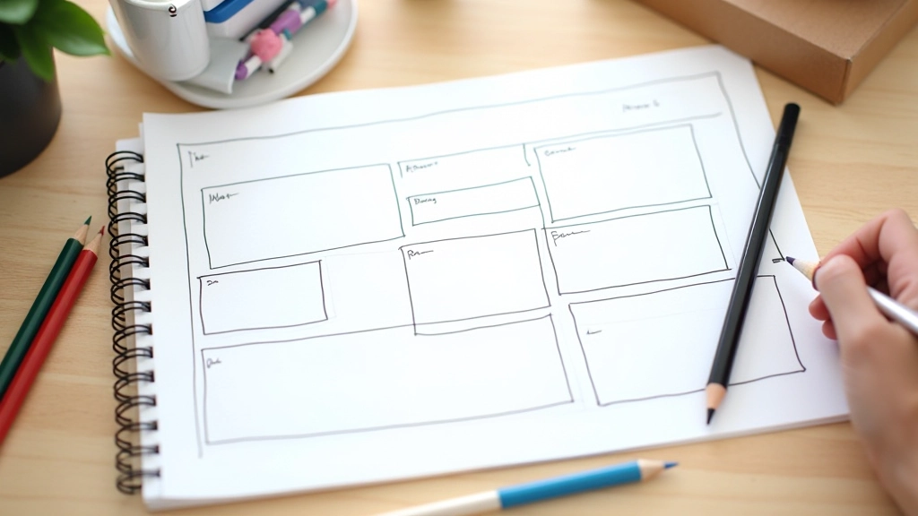 Skizze eines Landing-Page-Layouts auf Papier mit verschiedenen Abschnitten und Anmerkungen zur Struktur