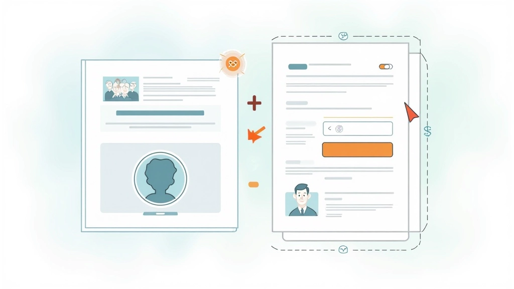 Diagramm zeigt vier visuelle Elemente: große Überschrift, farbige Schaltfläche, Weißraum um wichtige Elemente, und Pfeile, die den Blickfluss anzeigen