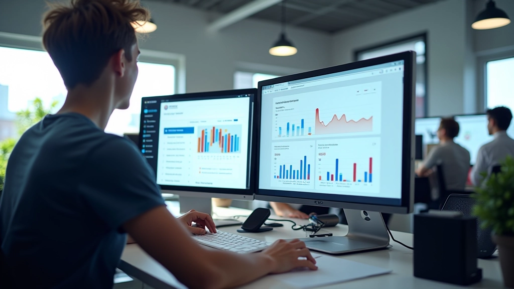 Moderne Design-Studio-Umgebung mit Landingpage-Analysen und Konversionsdaten auf Bildschirmen