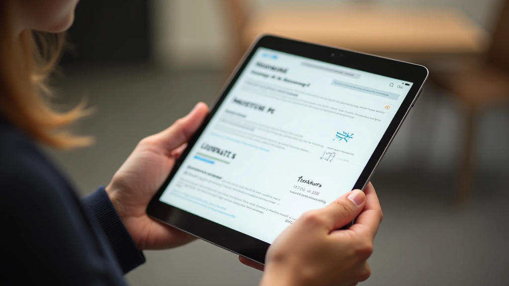 Person liest auf einem Tablet eine Website mit klarer visueller Navigation und Pfeilen, die den Blickfluss andeuten